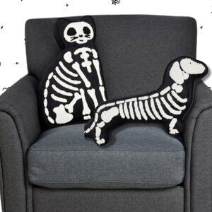 Halloween Decor Skeleton Dachshund Dog & Black Cat Stuffed Pillow Cushion NEW